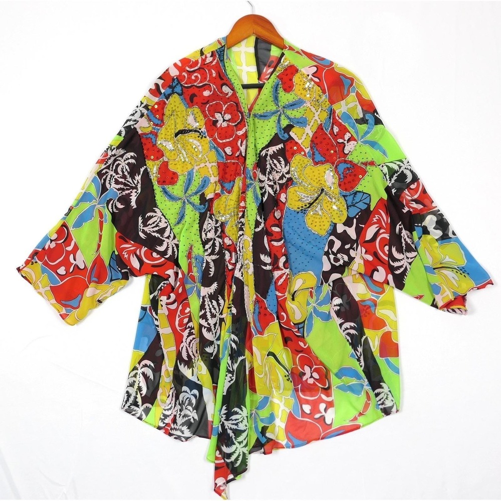 VTG Diane Freis Bold Colorful Abstract /Floral Sequin Open Sheer Wrap Kimono XXL